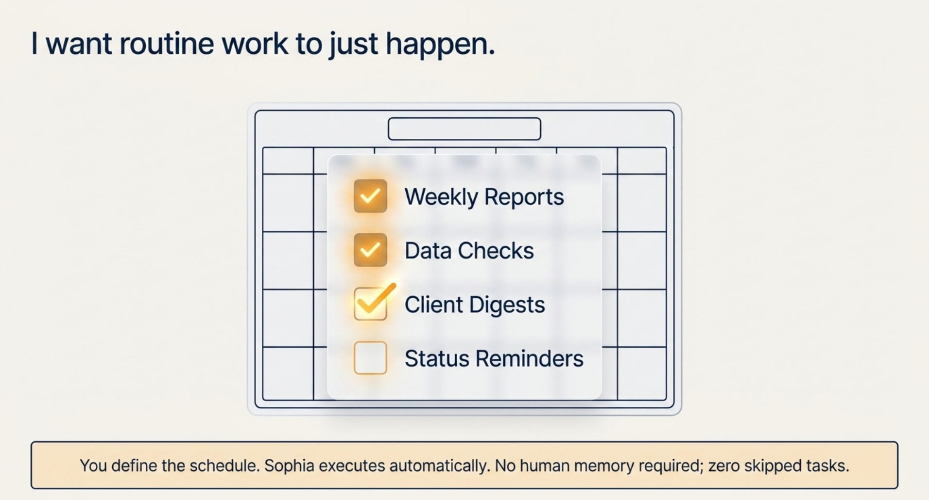 A calendar with weekly reports, data checks and client digests ticked off automatically.